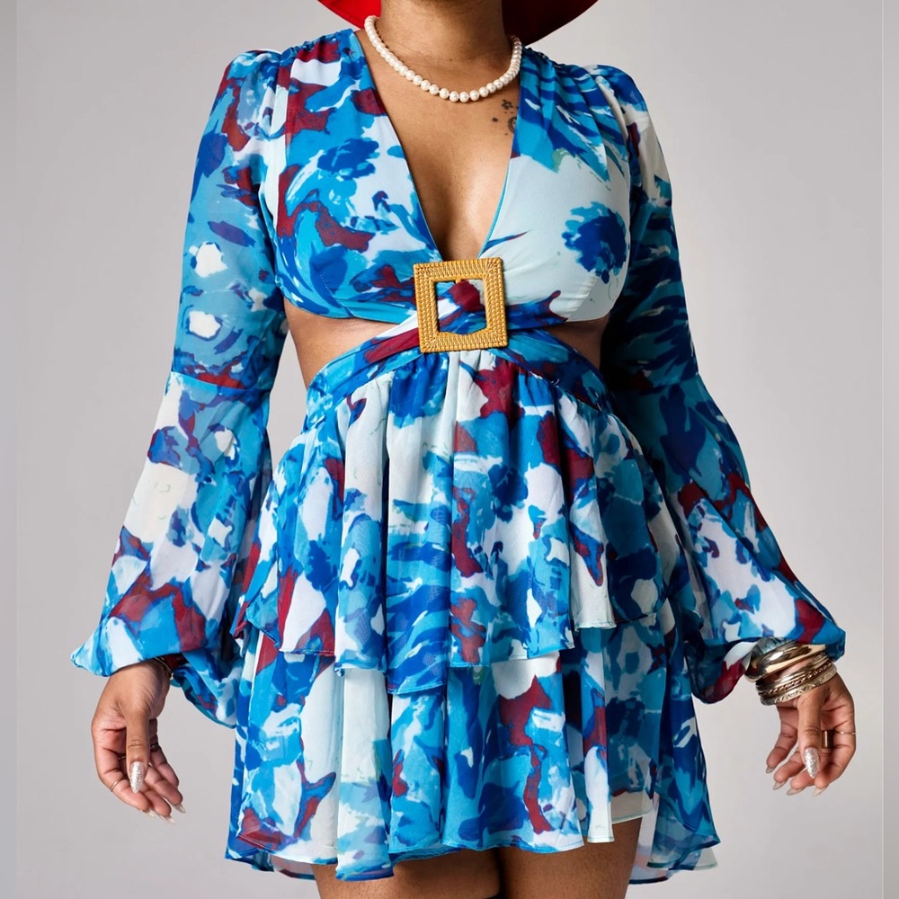 Blue Floral Long Sleeve Sundress with Plunge Neckline